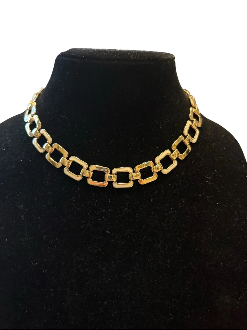 Vintage Monet Gold Tone Ivory Enamel Link Necklace Signed Statement Necklace CC